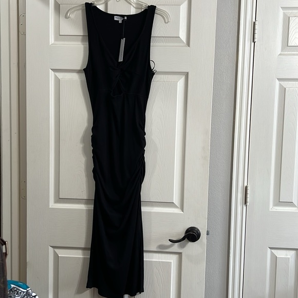 Michael Stars Guilia Ultra Rib Twist Front Ruched Side Cut Out Midi Dress Size L - Picture 2 of 10